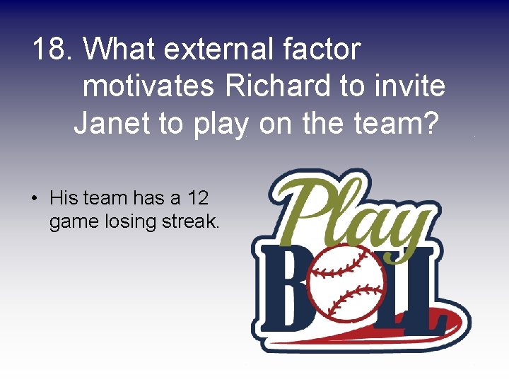 18. What external factor motivates Richard to invite Janet to play on the team?