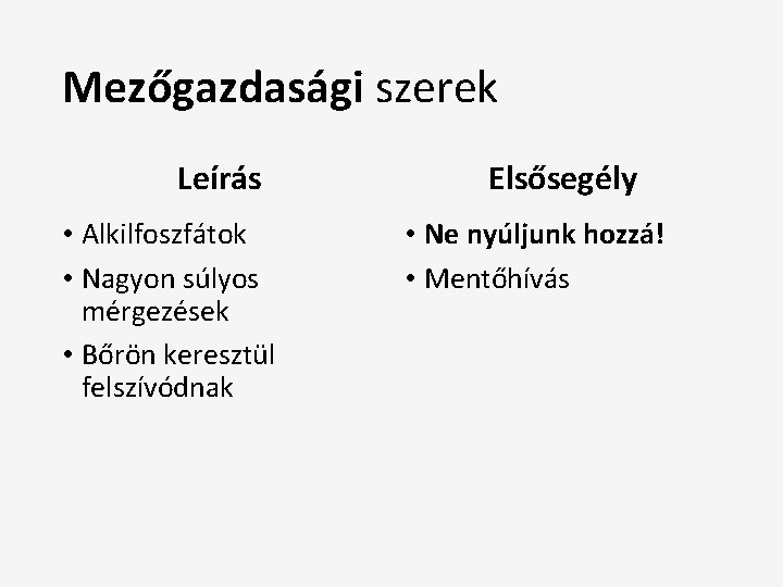 Mezőgazdasági szerek Leírás • Alkilfoszfátok • Nagyon súlyos mérgezések • Bőrön keresztül felszívódnak Elsősegély