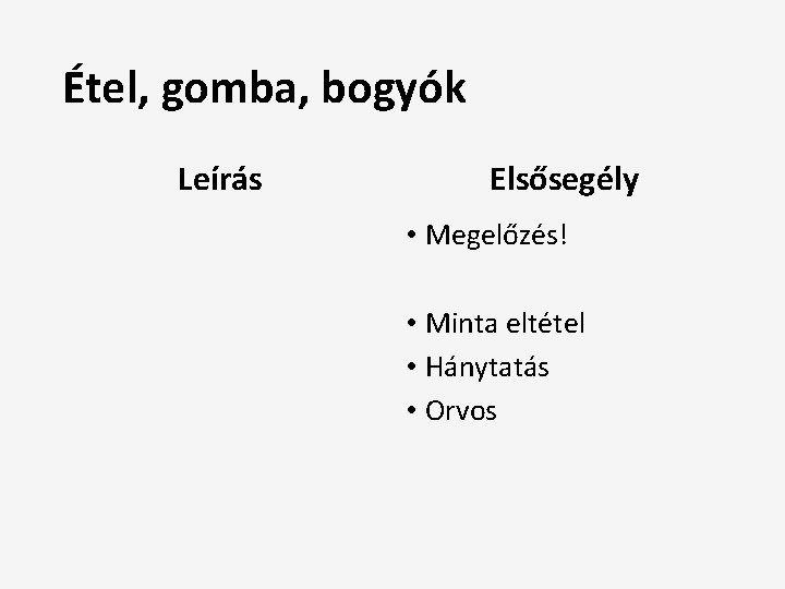 Étel, gomba, bogyók Leírás Elsősegély • Megelőzés! • Minta eltétel • Hánytatás • Orvos