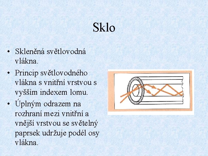 Sklo • Skleněná světlovodná vlákna. • Princip světlovodného vlákna s vnitřní vrstvou s vyšším