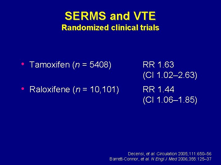 SERMS and VTE Randomized clinical trials • Tamoxifen (n = 5408) RR 1. 63