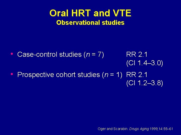 Oral HRT and VTE Observational studies • Case-control studies (n = 7) RR 2.