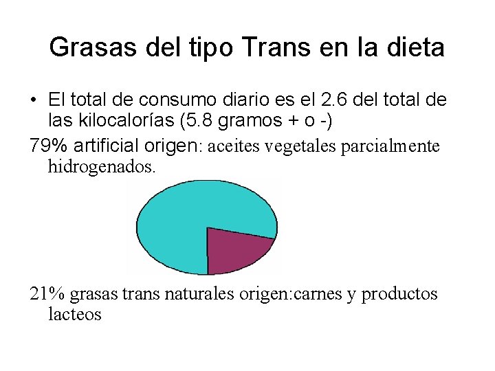 Grasas del tipo Trans en la dieta • El total de consumo diario es