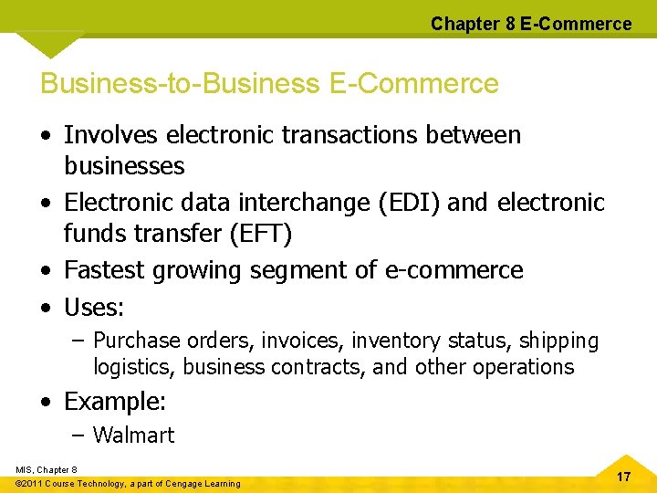 Chapter 8 E-Commerce Business-to-Business E-Commerce • Involves electronic transactions between businesses • Electronic data