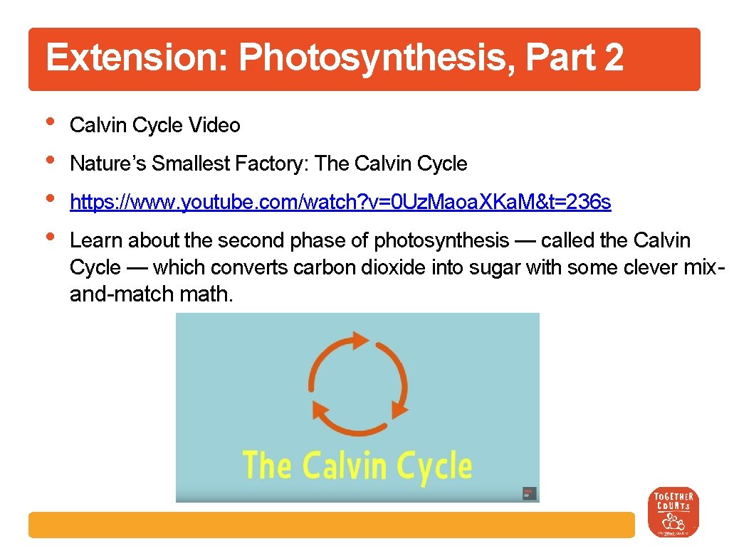 Extension: Photosynthesis, Part 2 • • Calvin Cycle Video Nature’s Smallest Factory: The Calvin