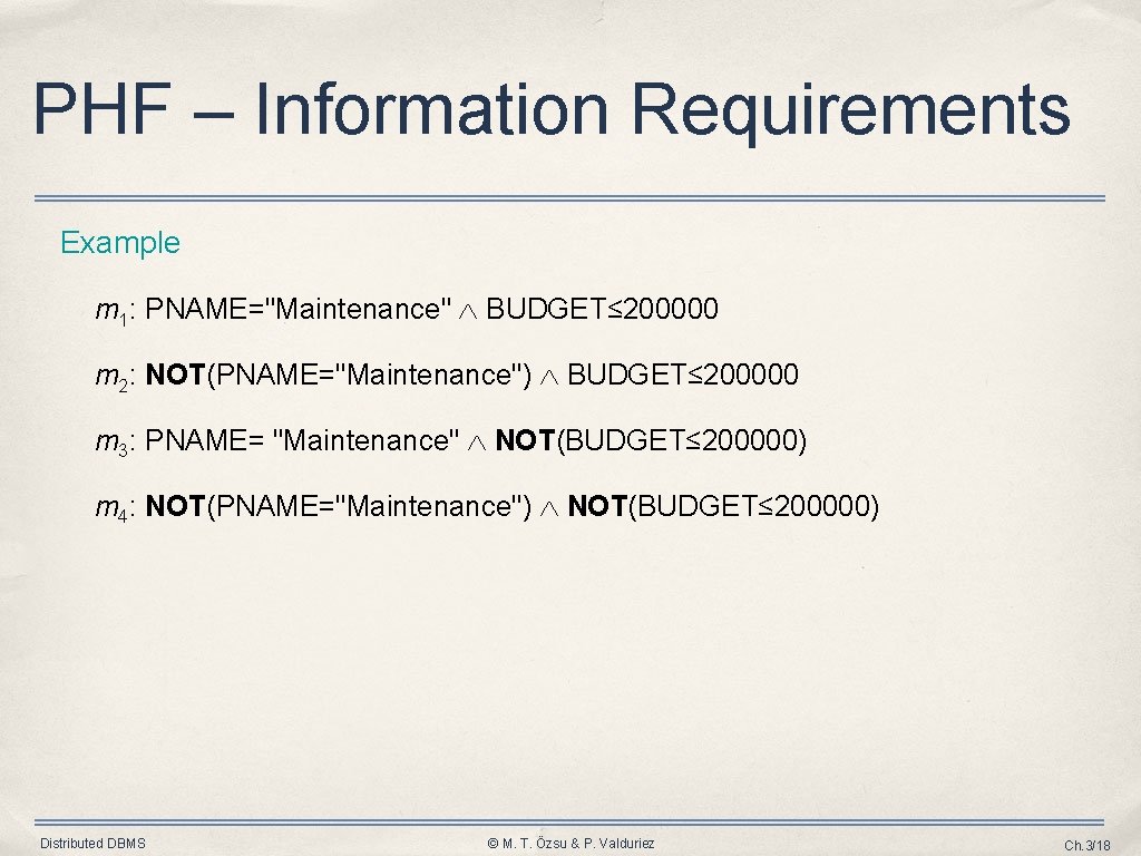 PHF – Information Requirements Example m 1: PNAME="Maintenance" BUDGET≤ 200000 m 2: NOT(PNAME="Maintenance") BUDGET≤ PHF – Information Requirements Example m 1: PNAME="Maintenance" BUDGET≤ 200000 m 2: NOT(PNAME="Maintenance") BUDGET≤