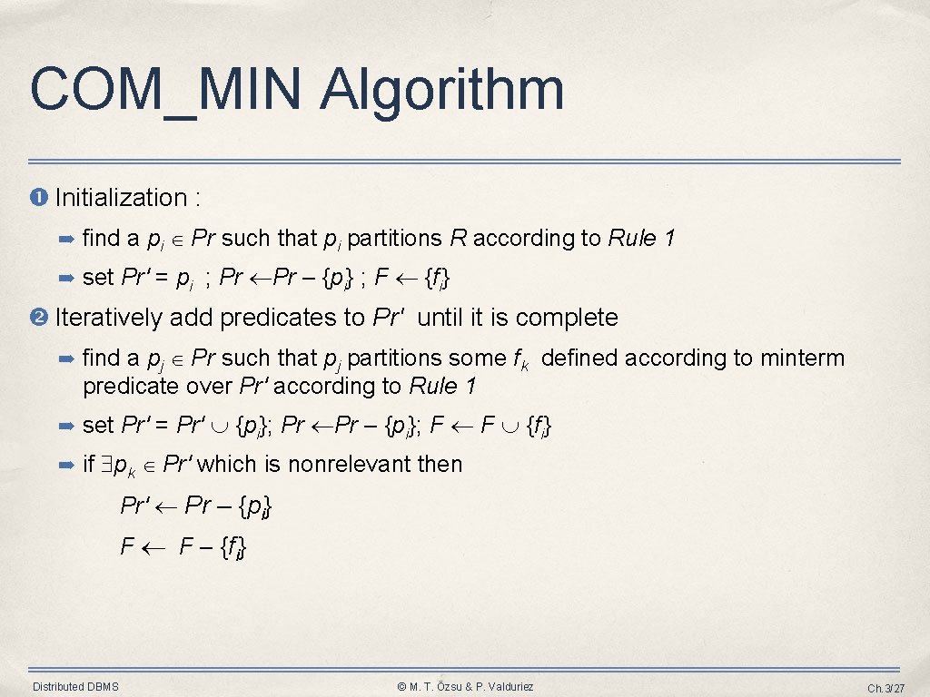 COM_MIN Algorithm Initialization : ➡ find a pi Pr such that pi partitions R COM_MIN Algorithm Initialization : ➡ find a pi Pr such that pi partitions R