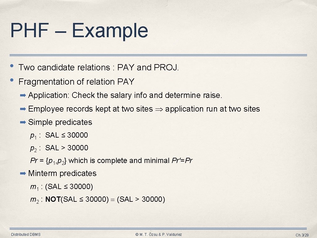 PHF – Example • • Two candidate relations : PAY and PROJ. Fragmentation of PHF – Example • • Two candidate relations : PAY and PROJ. Fragmentation of