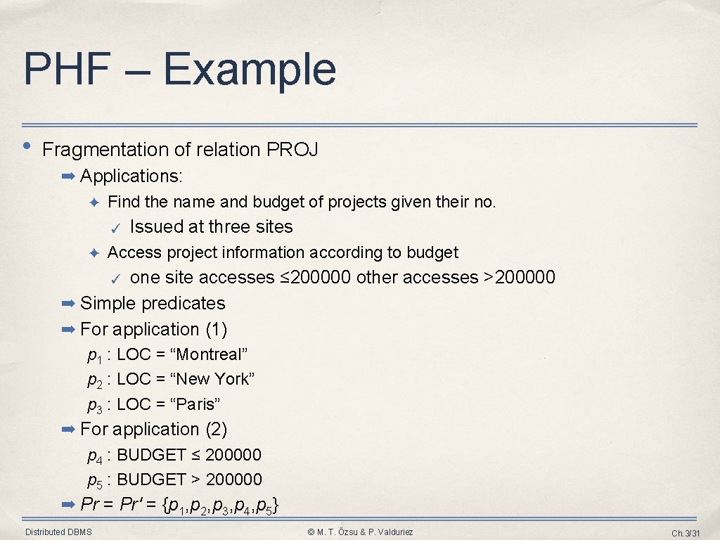 PHF – Example • Fragmentation of relation PROJ ➡ Applications: ✦ Find the name PHF – Example • Fragmentation of relation PROJ ➡ Applications: ✦ Find the name