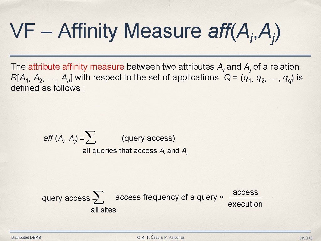 VF – Affinity Measure aff(Ai, Aj) The attribute affinity measure between two attributes Ai VF – Affinity Measure aff(Ai, Aj) The attribute affinity measure between two attributes Ai