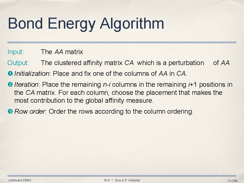 Bond Energy Algorithm Input: The AA matrix Output: The clustered affinity matrix CA which Bond Energy Algorithm Input: The AA matrix Output: The clustered affinity matrix CA which