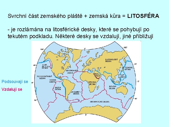Svrchní část zemského pláště + zemská kůra = LITOSFÉRA - je rozlámána na litosférické