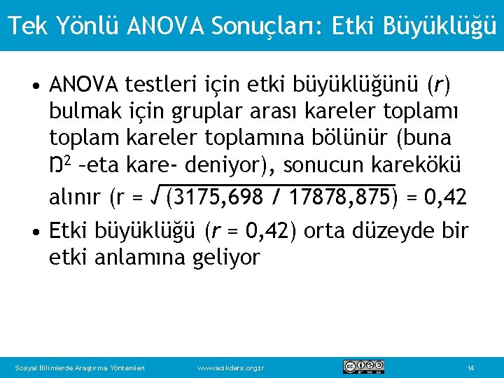 Tek Yönlü ANOVA Sonuçları: Etki Büyüklüğü • ANOVA testleri için etki büyüklüğünü (r) bulmak