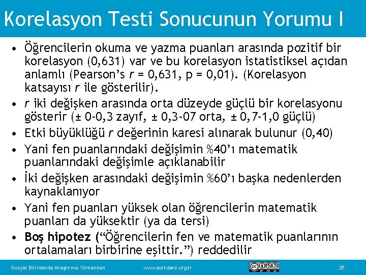 Korelasyon Testi Sonucunun Yorumu I • Öğrencilerin okuma ve yazma puanları arasında pozitif bir