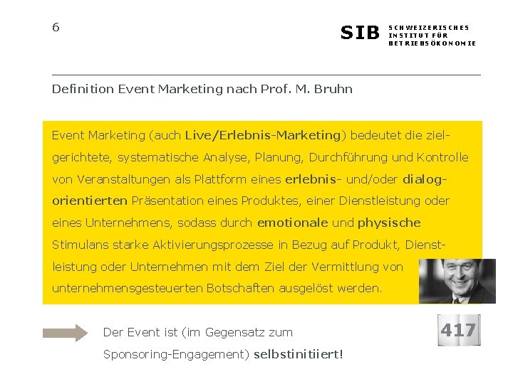 6 SIB SCHWEIZERISCHES INSTITUT FÜR BETRIEBSÖKONOMIE Definition Event Marketing nach Prof. M. Bruhn Event