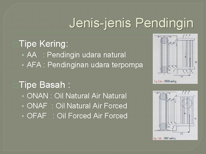 Jenis-jenis Pendingin �Tipe Kering: • AA : Pendingin udara natural • AFA : Pendinginan