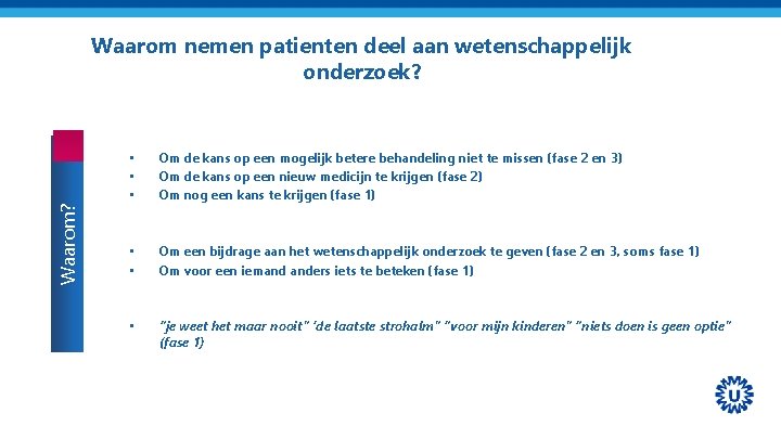 Waarom? Waarom nemen patienten deel aan wetenschappelijk onderzoek? • • • Om de kans