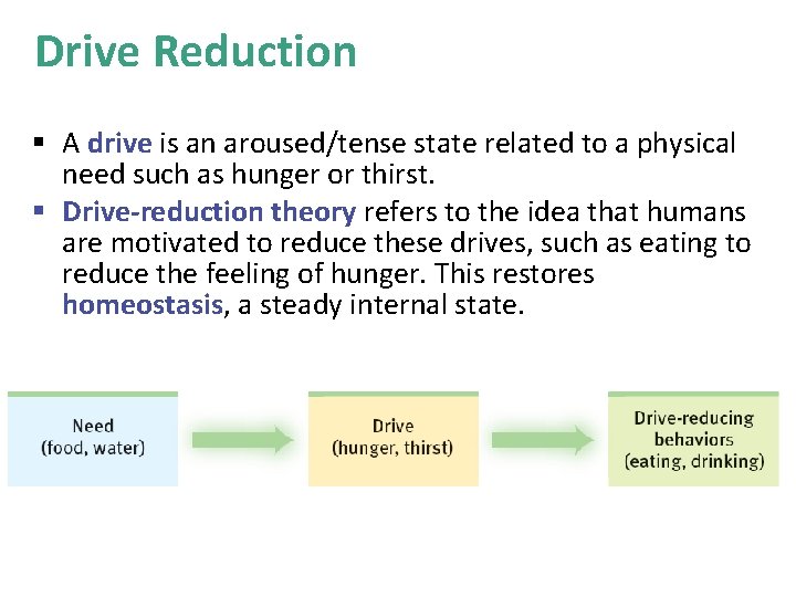 Drive Reduction § A drive is an aroused/tense state related to a physical need