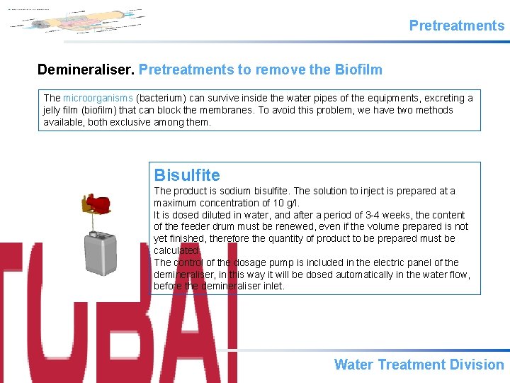 Pretreatments Demineraliser. Pretreatments to remove the Biofilm The microorganisms (bacterium) can survive inside the