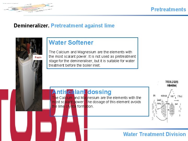 Pretreatments Demineralizer. Pretreatment against lime Water Softener Resin The Calcium and Magnesium are the