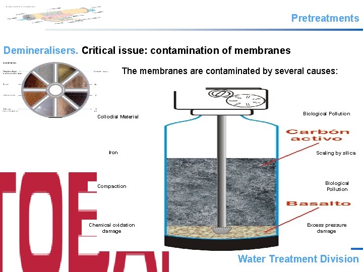 Pretreatments Demineralisers. Critical issue: contamination of membranes The membranes are contaminated by several causes: