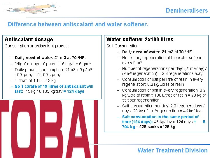 Demineralisers Difference between antiscalant and water softener. Antiscalant dosage Water softener 2 x 100