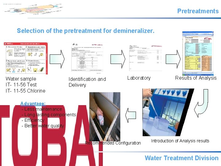 Pretreatments Selection of the pretreatment for demineralizer. Water sample IT- 11 -56 Test IT-