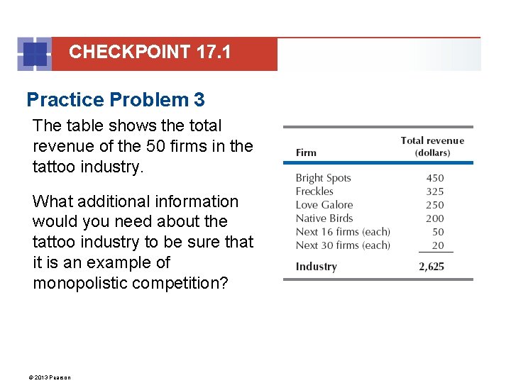 CHECKPOINT 17. 1 Practice Problem 3 The table shows the total revenue of the