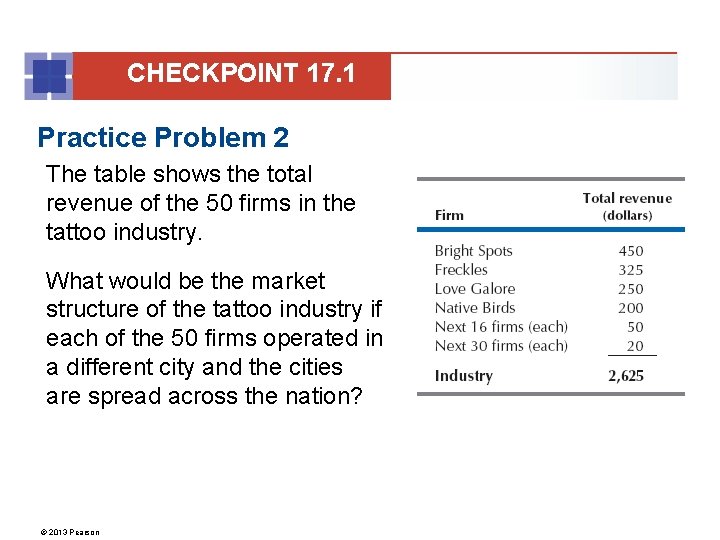 CHECKPOINT 17. 1 Practice Problem 2 The table shows the total revenue of the