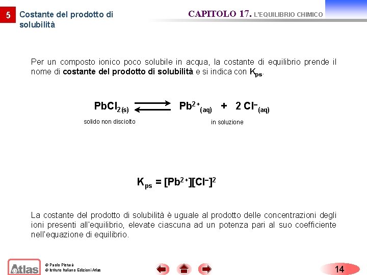 5 Costante del prodotto di CAPITOLO 17. L’EQUILIBRIO CHIMICO solubilità Per un composto ionico