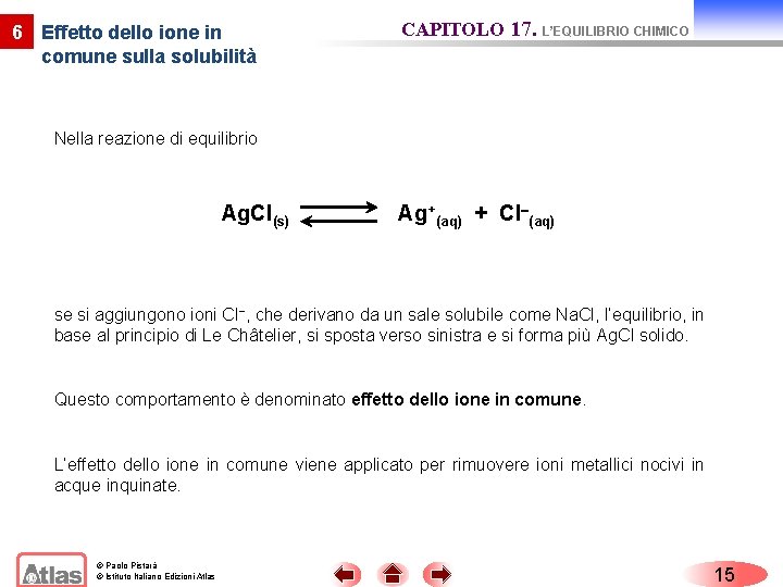 6 Effetto dello ione in comune sulla solubilità CAPITOLO 17. L’EQUILIBRIO CHIMICO Nella reazione