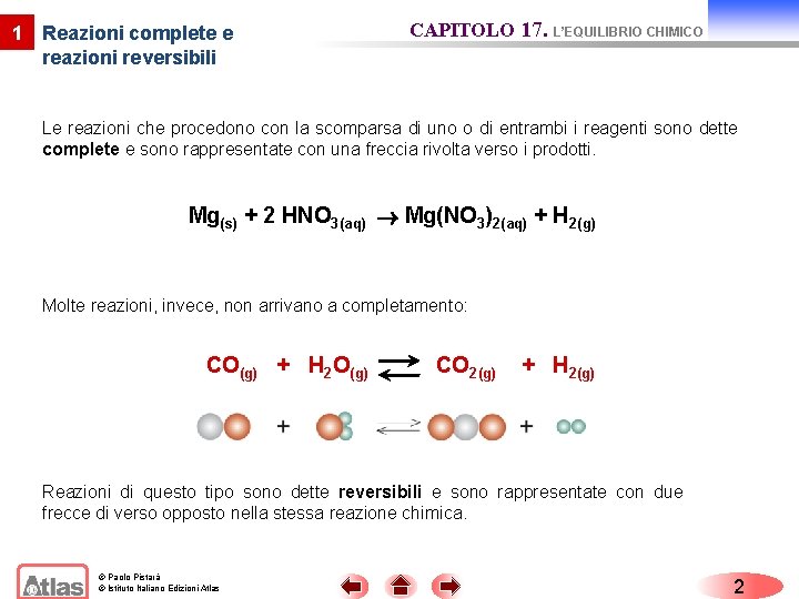 1 Reazioni complete e reazioni reversibili CAPITOLO 17. L’EQUILIBRIO CHIMICO Le reazioni che procedono