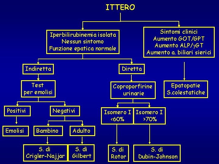 ITTERO Sintomi clinici Aumento GOT/GPT Aumento ALP/g. GT Aumento a. biliari sierici Iperbilirubinemia isolata