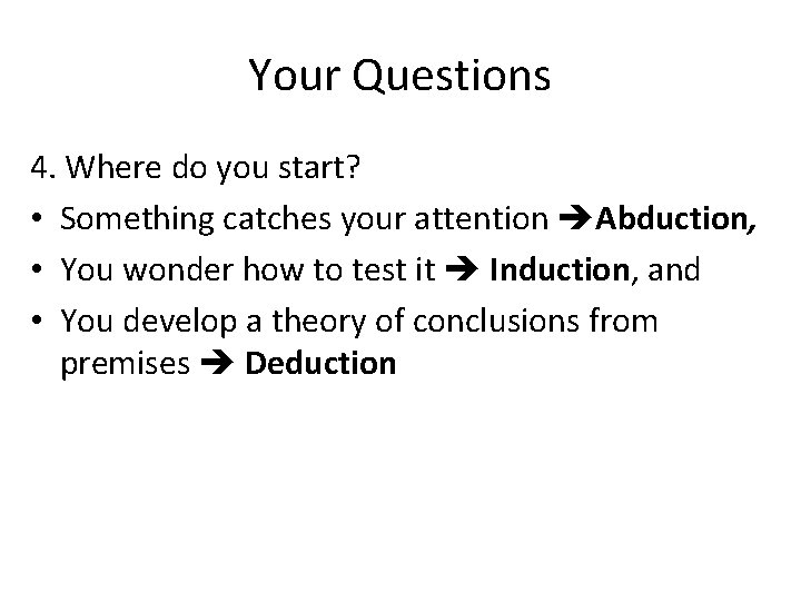 Your Questions 4. Where do you start? • Something catches your attention Abduction, •