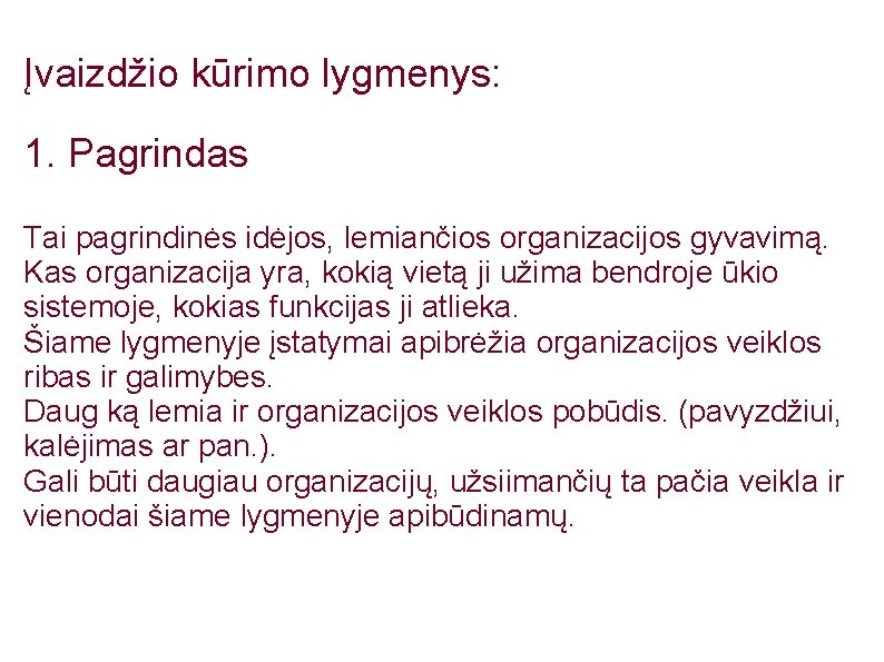 Įvaizdžio kūrimo lygmenys: 1. Pagrindas Tai pagrindinės idėjos, lemiančios organizacijos gyvavimą. Kas organizacija yra,