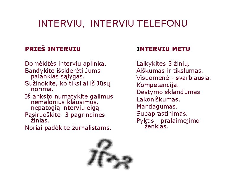 INTERVIU, INTERVIU TELEFONU PRIEŠ INTERVIU METU Domėkitės interviu aplinka. Bandykite išsiderėti Jums palankias sąlygas.