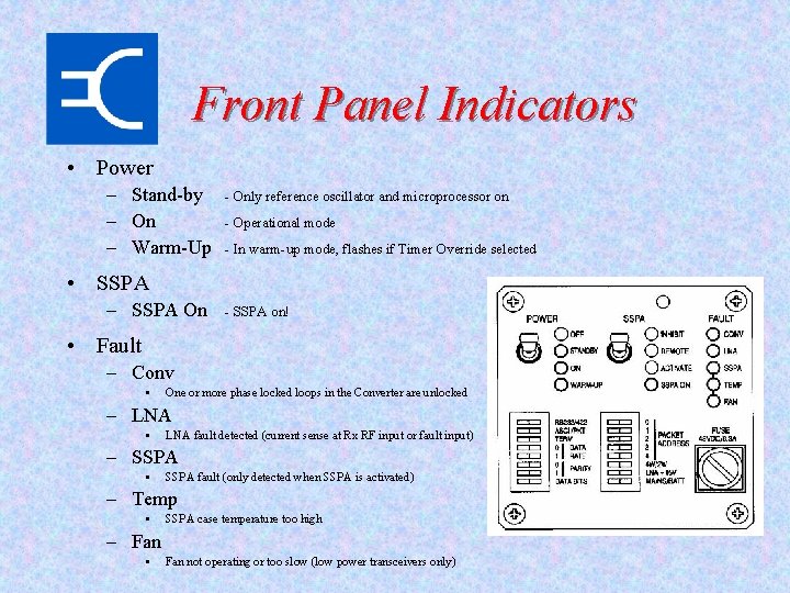 Front Panel Indicators • Power – Stand-by – On – Warm-Up - Only reference