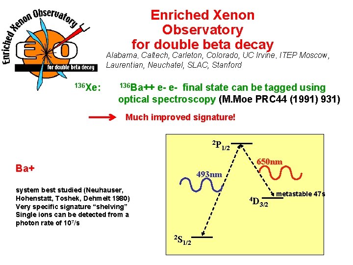 Enriched Xenon Observatory for double beta decay Alabama, Caltech, Carleton, Colorado, UC Irvine, ITEP