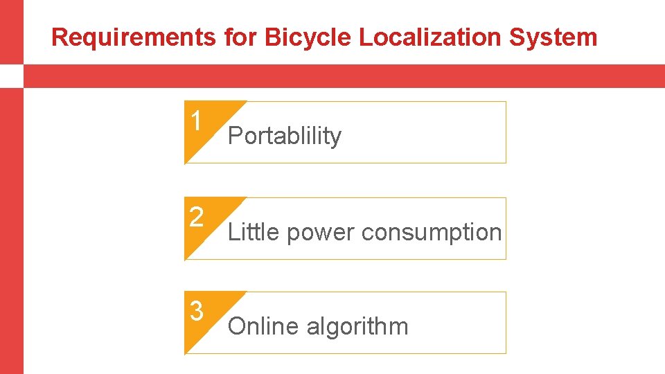 Requirements for Bicycle Localization System 1 2 3 Portablility Little power consumption Online algorithm