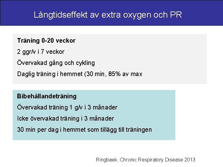 Långtidseffekt av extra oxygen och PR Träning 0 -20 veckor 2 ggr/v i 7