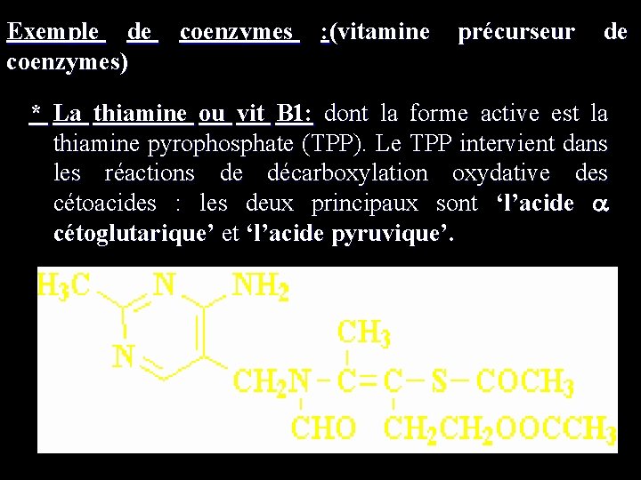 Exemple de coenzymes : (vitamine précurseur de coenzymes) * La thiamine ou vit B