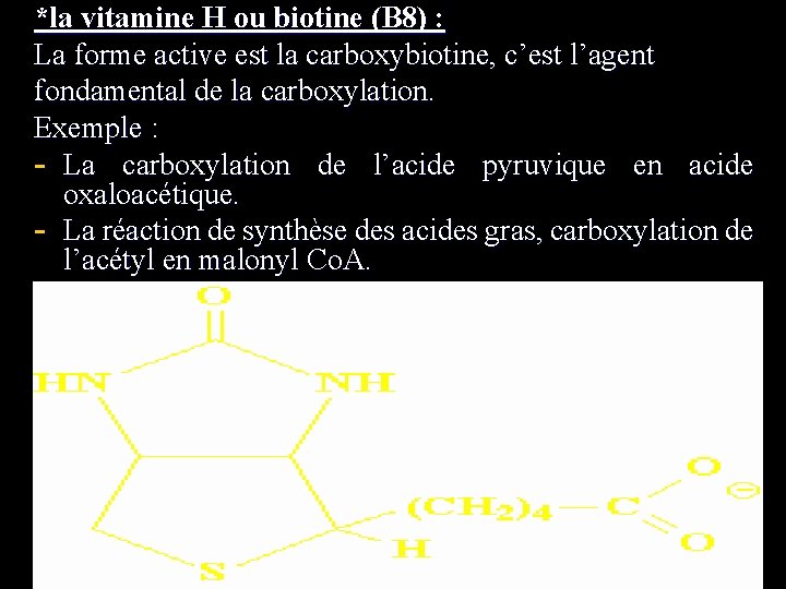 *la vitamine H ou biotine (B 8) : La forme active est la carboxybiotine,