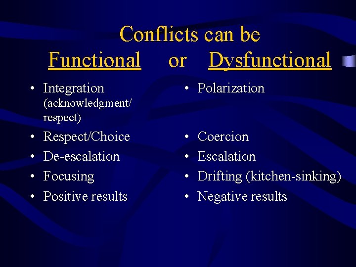 Conflicts can be Functional or Dysfunctional • Integration • Polarization (acknowledgment/ respect) • •