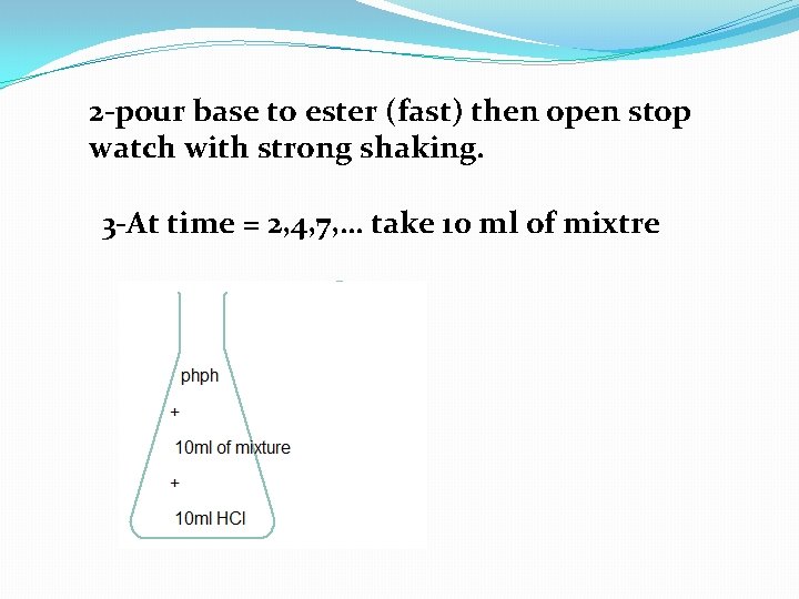 2 -pour base to ester (fast) then open stop watch with strong shaking. 3