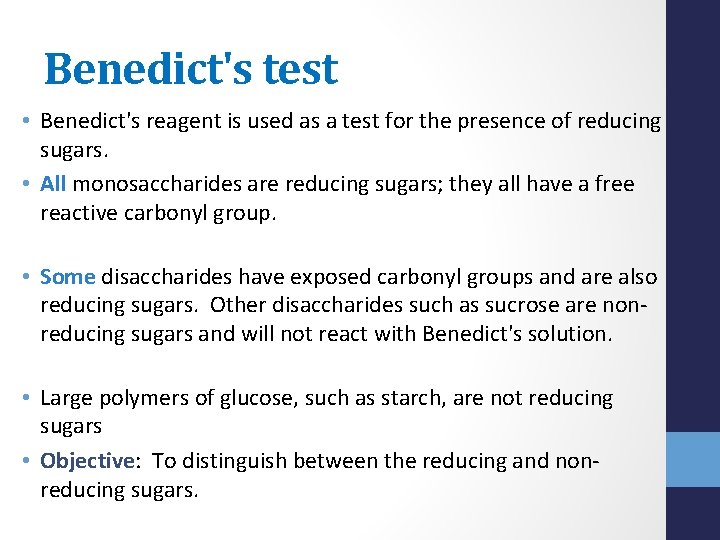 Benedict's test • Benedict's reagent is used as a test for the presence of