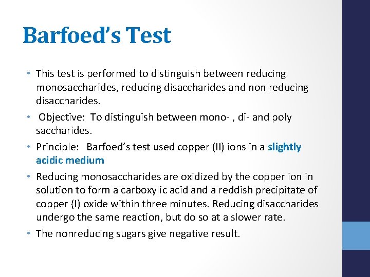 Barfoed’s Test • This test is performed to distinguish between reducing monosaccharides, reducing disaccharides