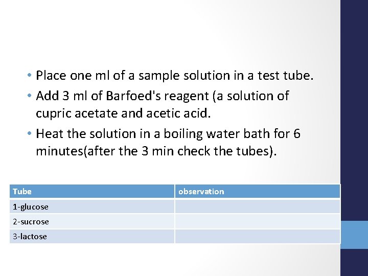  • Place one ml of a sample solution in a test tube. •