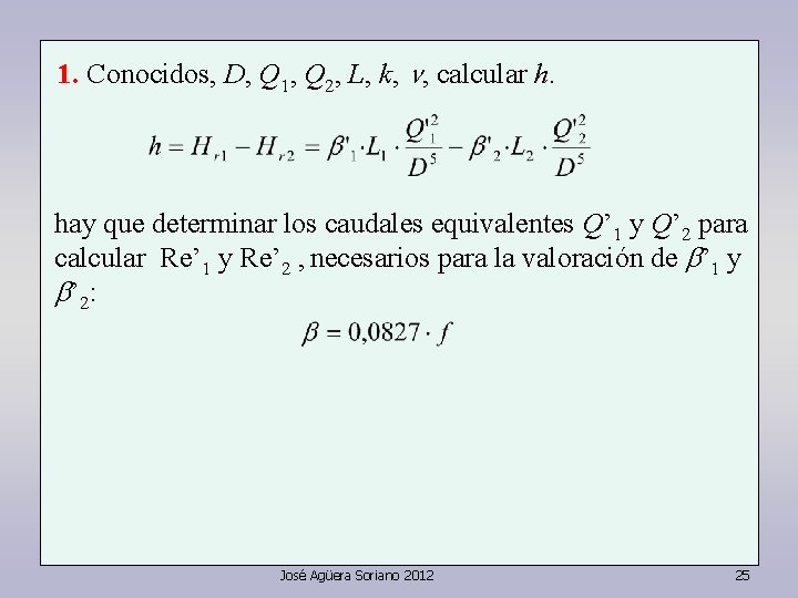 1. Conocidos, D, Q 1, Q 2, L, k, n, calcular h. hay que