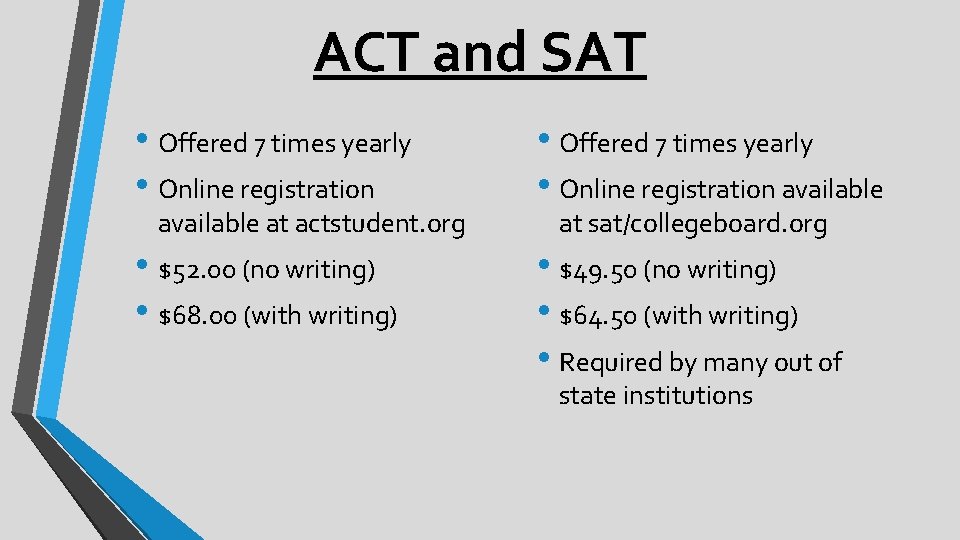 ACT and SAT • Offered 7 times yearly • Online registration available • $52.