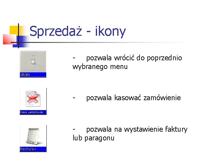 Sprzedaż - ikony pozwala wrócić do poprzednio wybranego menu - pozwala kasować zamówienie pozwala